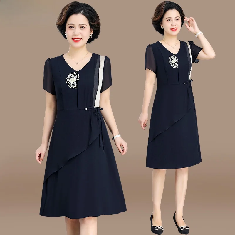 

Модное летнее платье для женщин среднего возраста в китайском национальном стиле, свободного кроя, из полиэфирного волокна, с обычным рукавом