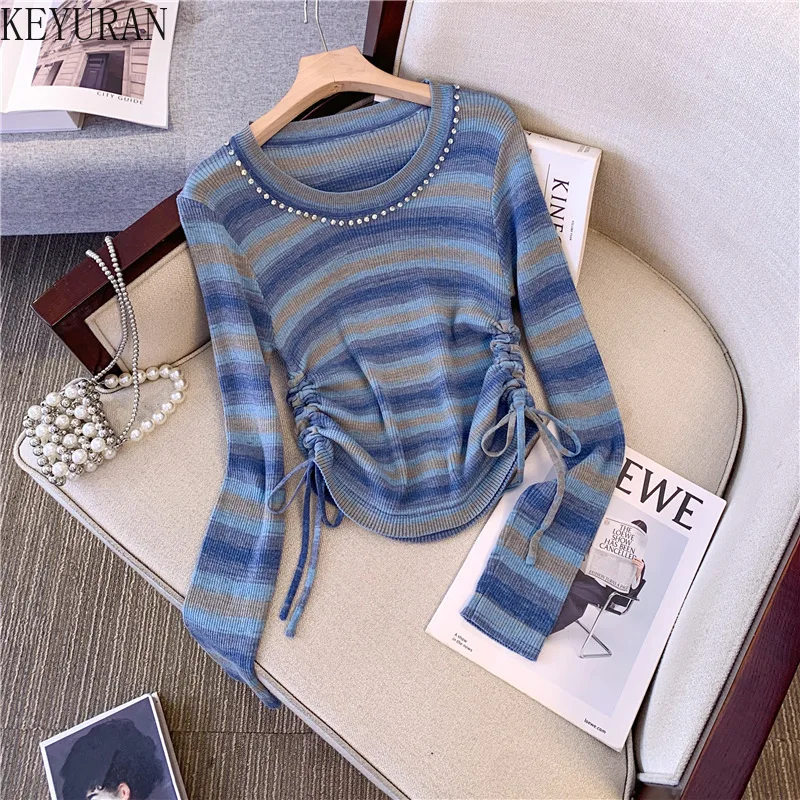 Retro Striped Pullover Knitted Sweater Women Autumn New 2024 O-Neck Screw Thread Fashion Slim Versatile Casual Long Sleeved Tops