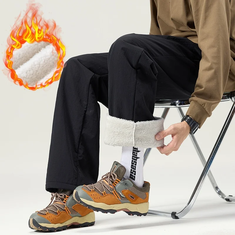 

Новые зимние бархатные брюки из овечьей шерсти для мужчин, свободные прямые теплые повседневные брюки, уличные мешковатые шорты, эластичные широкие брюки