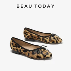 BEAUTODAY Leopard Ballet Shoes Women Horse Fur Butterfly-knot Round Toe Slip-on Retro Ladies Flats Shoes Handmade 28093