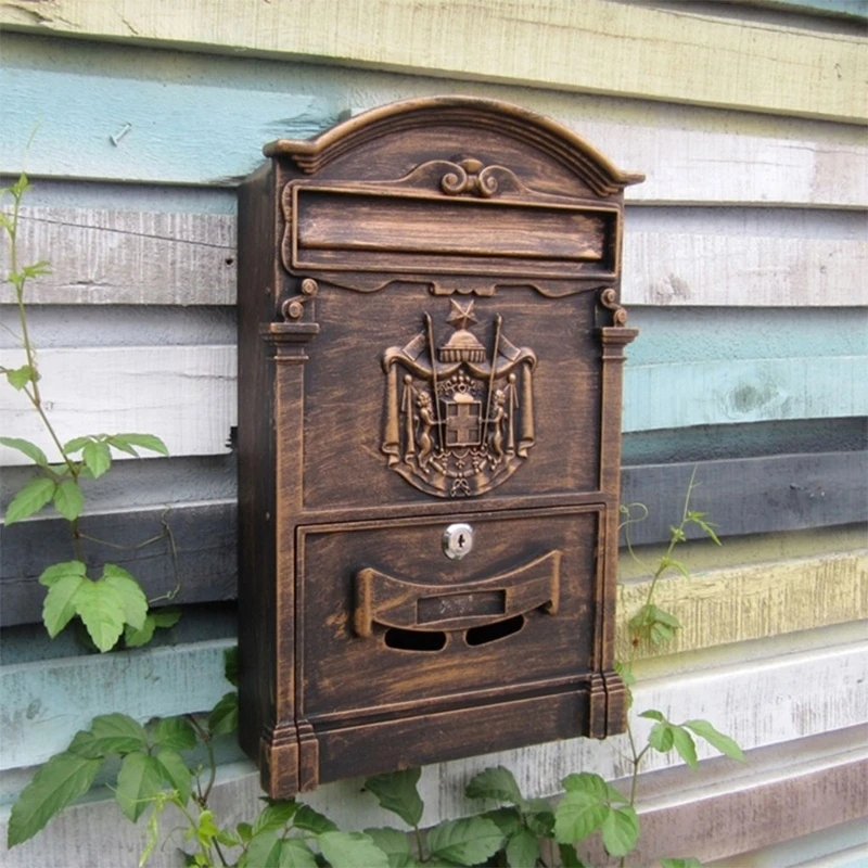 European-Style Villa Letterbox Outdoor Waterproof Mailbox Wall Mount Postbox Retro Suggestion Box with for Key Lock for