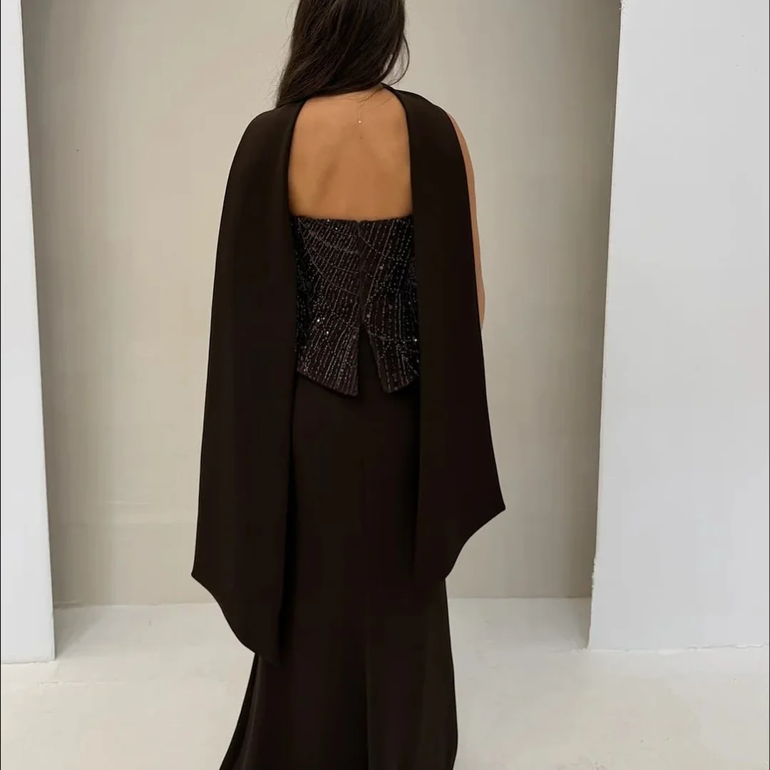 Mila marrom escuro sem alças lantejoulas peplum capelet personalizado formal noite cabido até o chão vestido de gala vestido de baile