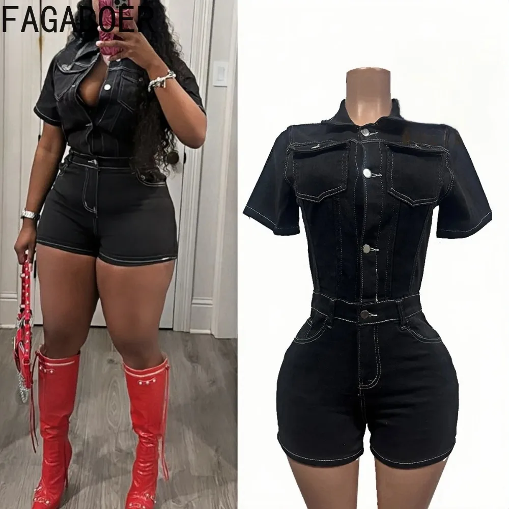 FAGADOER Black Bodycon Denim One Piece Rompers Women Short Sleeve Buttons Cargo Pockets Jumpsuit Fashion Streetwear Jean Overall