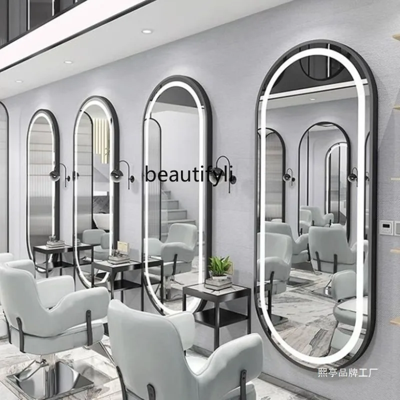 Barber Shop Mirror Stand Salon Special Wall-Mounted Simple Hair Salon Floor Mirror LED Perm Dye Mirror Stand Touch Control