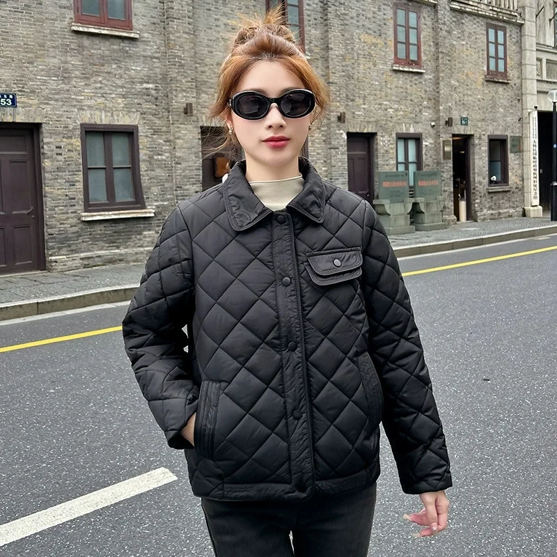 Autumn Winter Coat Women Short Lightweight Down Cotton Jacket Small Fragrance Style Fashion Lapel Cotton Jacket Female Outerwear