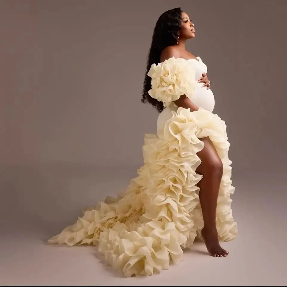 

Светло-желтые платья русалки для беременных для фотосессии, халаты для беременных, вечерние платья с пышными рукавами и оборками по индивидуальному заказу