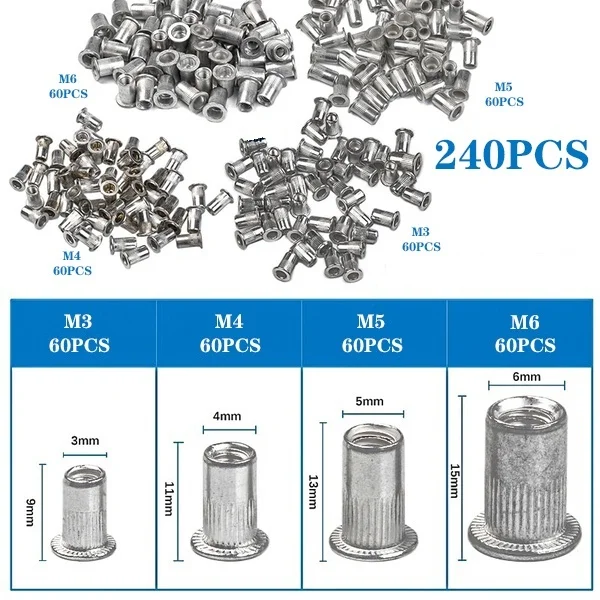 240PCS Assorted Rivet Nut Aluminum Rivnut Flat Head Threaded Rivet Insert Nutsert Cap Rivet Nut M3/M4/M5/M6 Kit