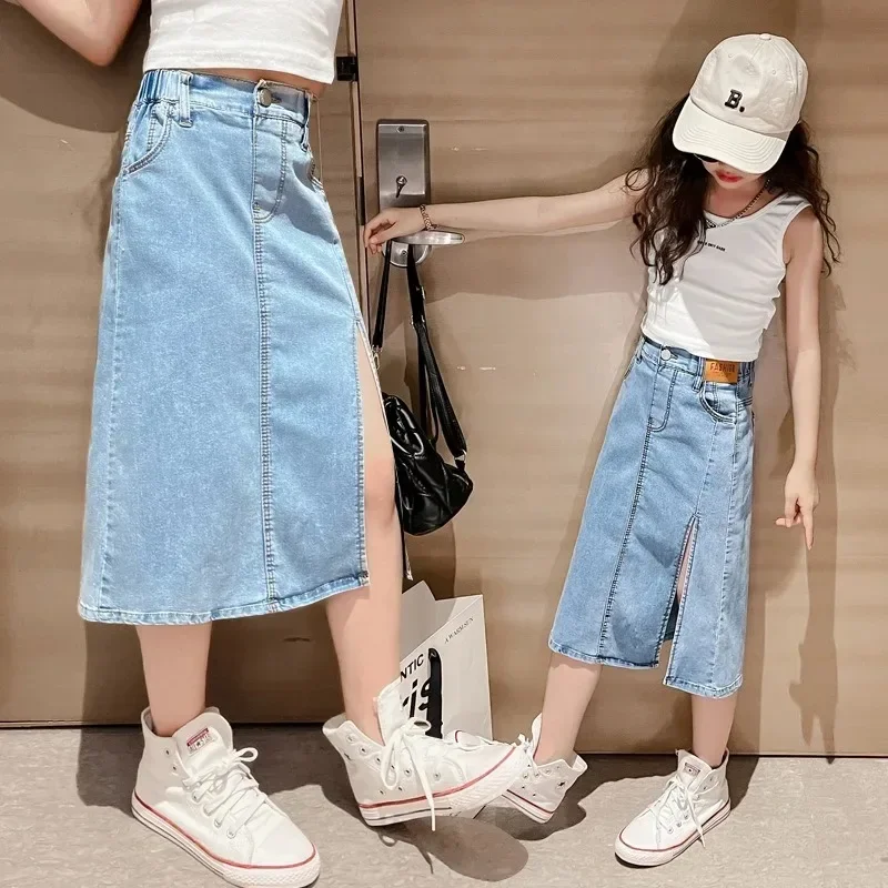 2024 New Summer Half Skirt Children Girls\' Denim Skirt Fried Street Dress Slimming Half Skirt Plaid Skirt