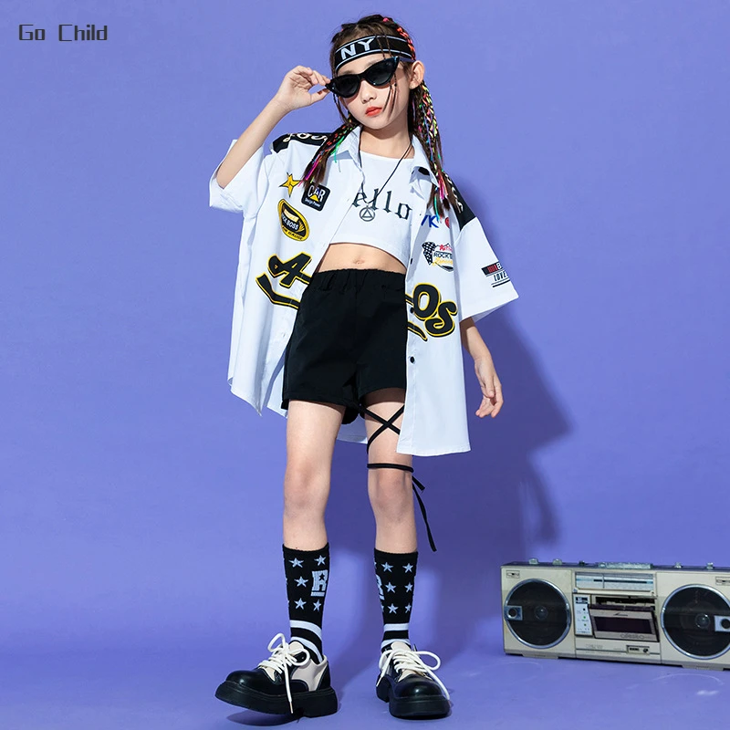 Hip Hop Girls Short Sleeved Captain Aviation Shirt Kids Street Dance Blouse Shorts Child Streetwear Clothes Sets Jazz Costumes