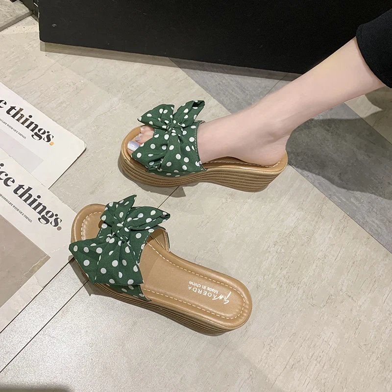 Aphixta 7cm Platform Wedge Slippers Women Shoes Butterfly-knot Clog Riband Polka Dot Snowflake Fabric Bow Flip Flop Light Slide