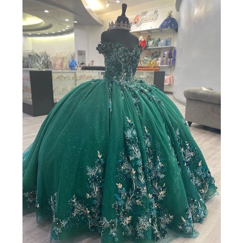 ANGELSBRIDEP Emerald Green Quinceanera Dresses 3D Flowers Ball Gown Princess Appliques Long Mexican Sweet 16 Dress Customized