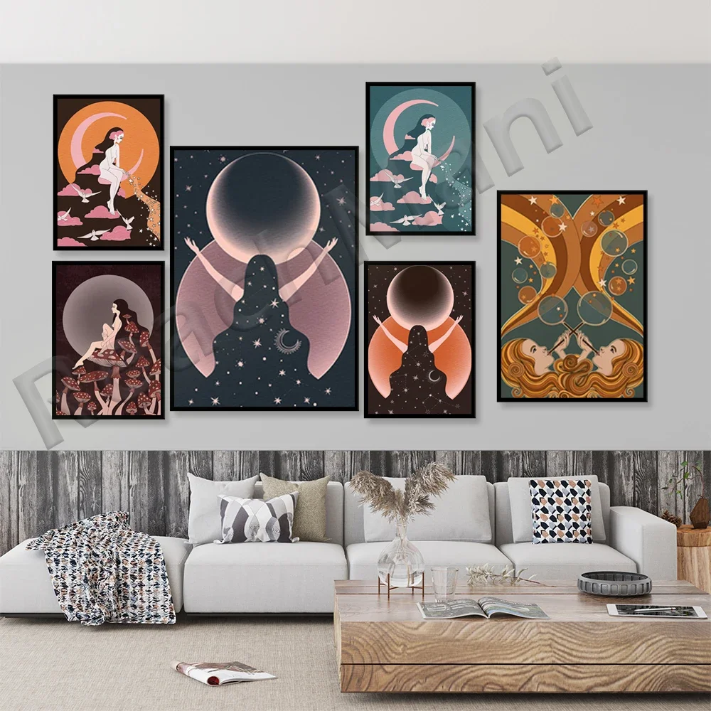 Psychedelic Wall Art-Bohemian Art Print-70s Wall Art- 70s Print-Moon Print-Art Moon-Art Nouveau Print-Teal and Pink