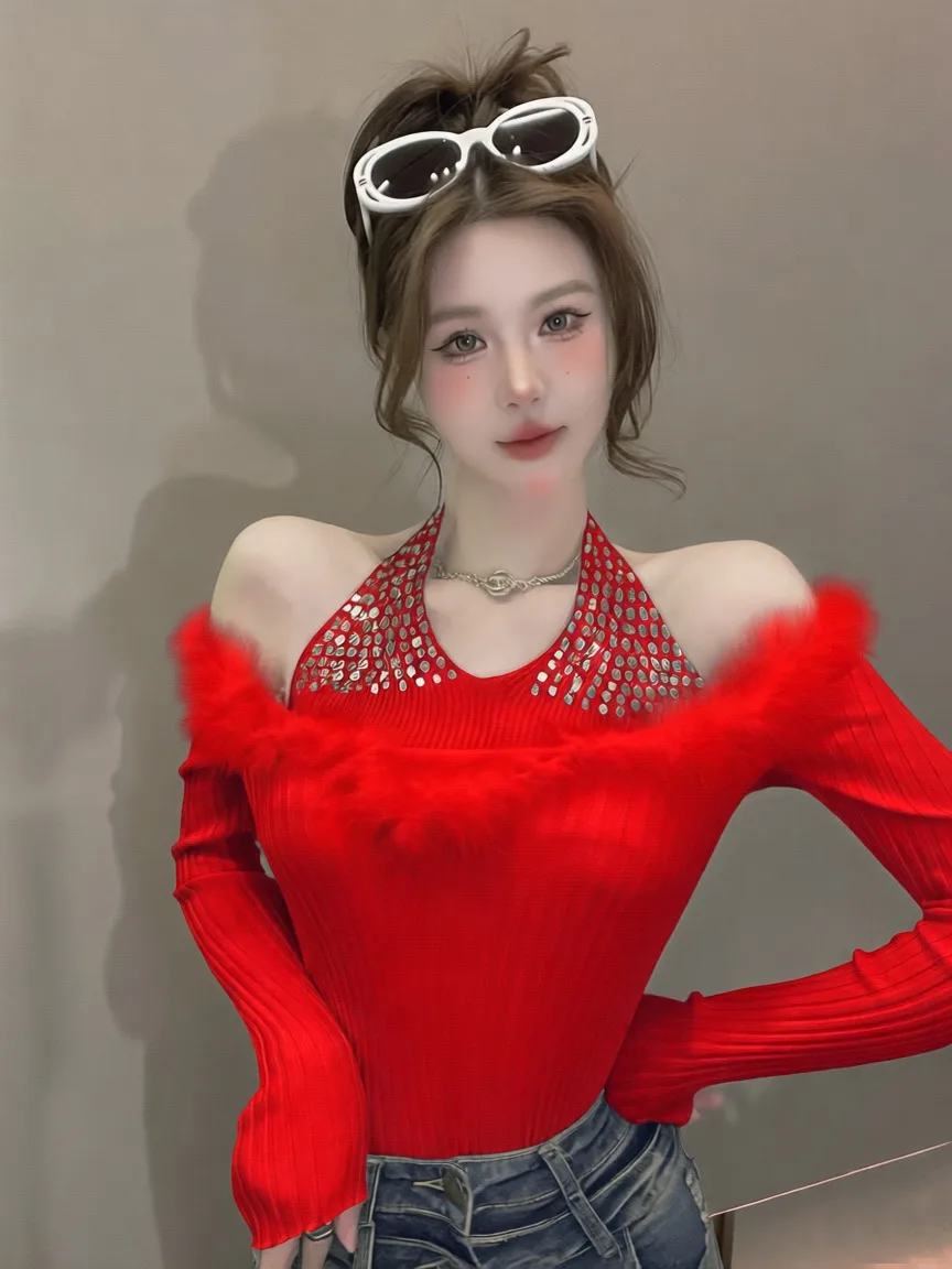 重厚な装飾が施されたニットセーター レディース 春秋冬 おしゃれな肩出しデザイン