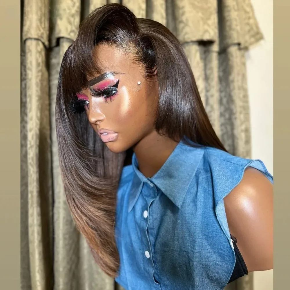 شعر مستعار بني الطبقات قطع مستقيم الدانتيل شعر مستعار أمامي مع الانفجارات الأزرق 13x4 HD الدانتيل الباروكة الأمامية الاصطناعية عالية الجودة ملابس يومية تأثيري #3