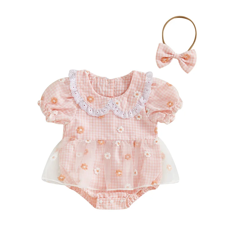 

Комбинезон для маленьких девочек 0-18 месяцев, платье с короткими рукавами, кукольный воротник, клетчатое боди с цветочным принтом, одежда для повседневной вечеринки