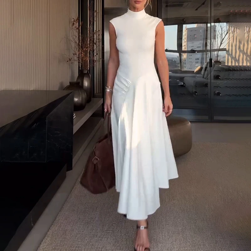 エレガントなハーフハイネックノースリーブロングドレスファッションドレープソリッドカラー気質ドレス女性カジュアルスリムスイングパーティードレス