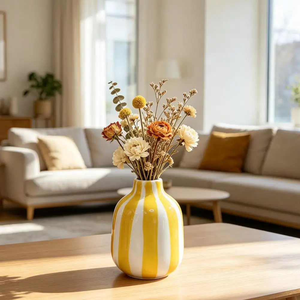 Ceramic Vase Hand-painted Vase Hand-painted Ceramic Striped Vase Modern Nordic Boho Flower Container Small Decorative for Indoor