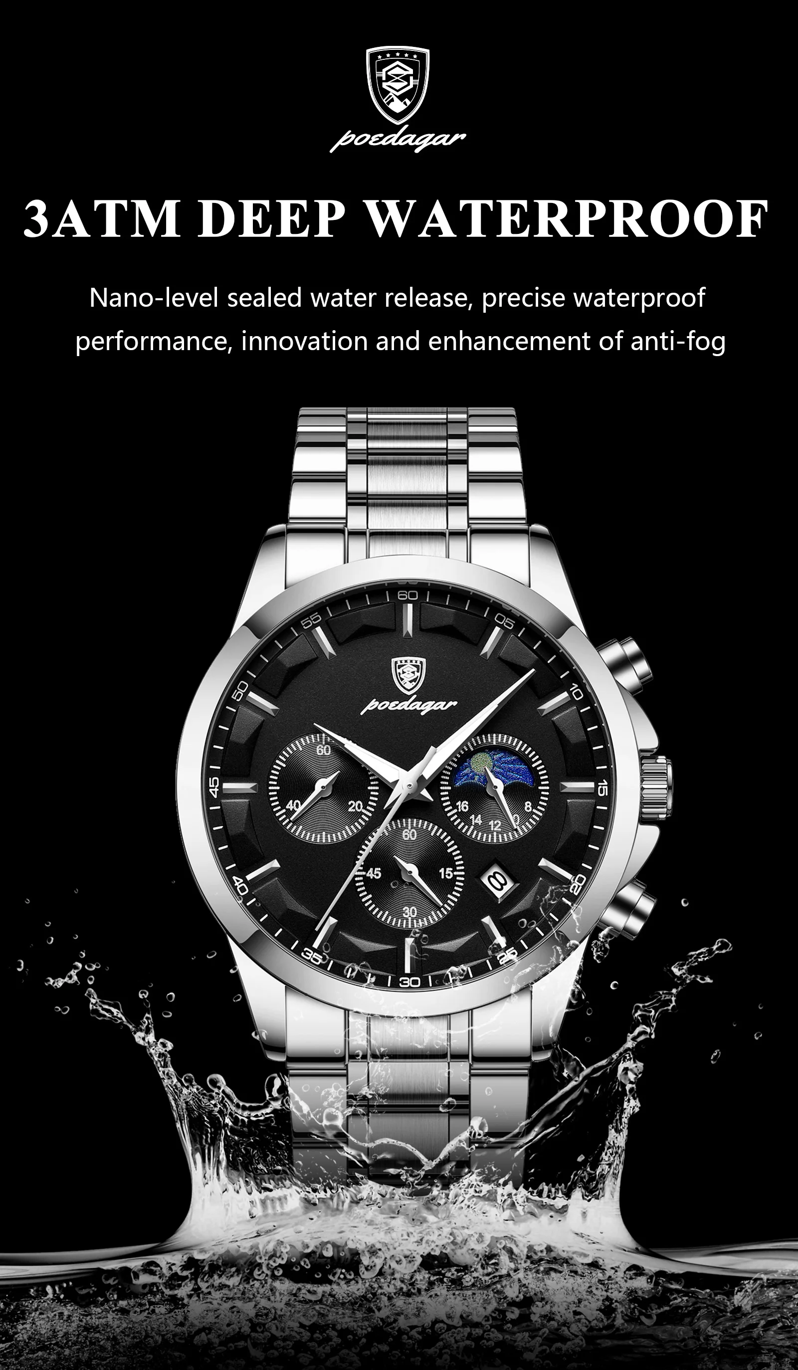 POEDAGAR Herrenuhr Wasserdicht Leuchtend Edelstahl Mode Herrenuhr Chronograph Datum Quarz Business Herrenuhren – Detail 9