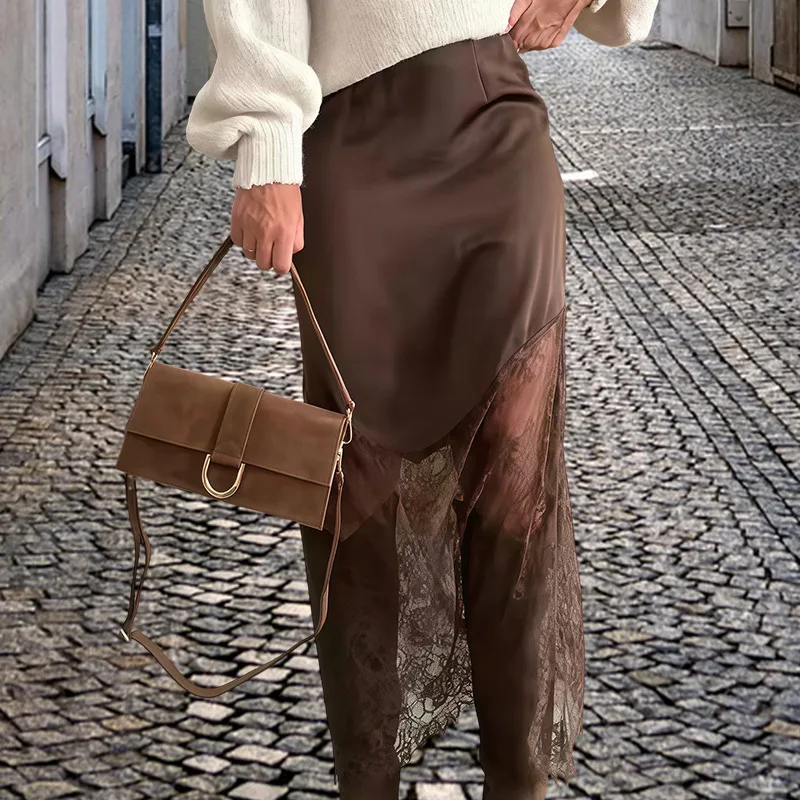 High Waist Lace Skirt for Women Slim Hollow out Patchwork Boho Maxi Dress Casual 2026 Spring Brown Fashion Party Club Boho Skirt