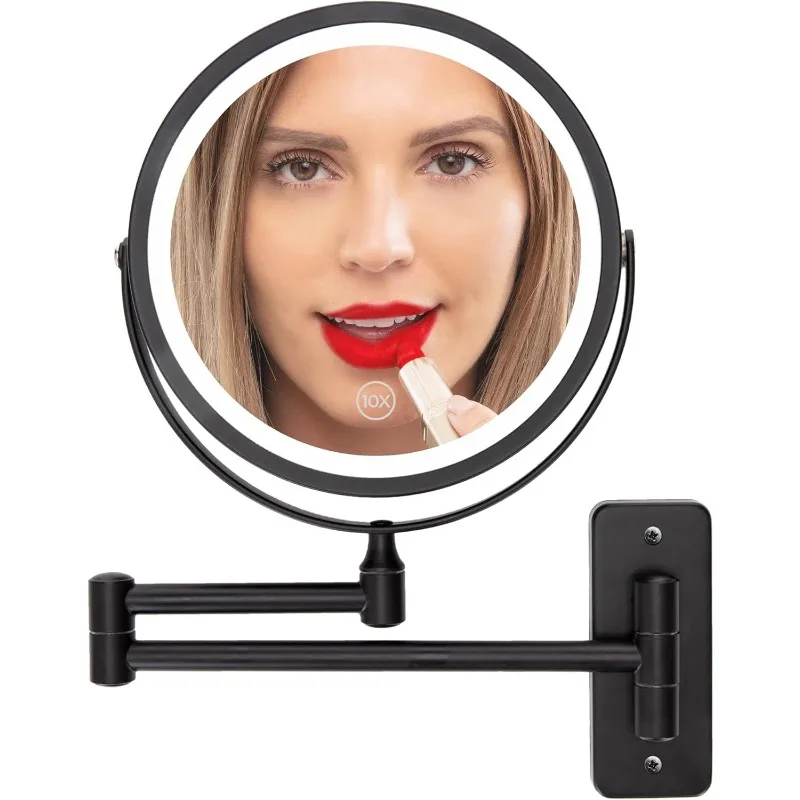 

Wall Mounted Lighted Makeup Mirror - Swing Arm Vanity Mirror with Lights and 10X Magnification for Bathroom