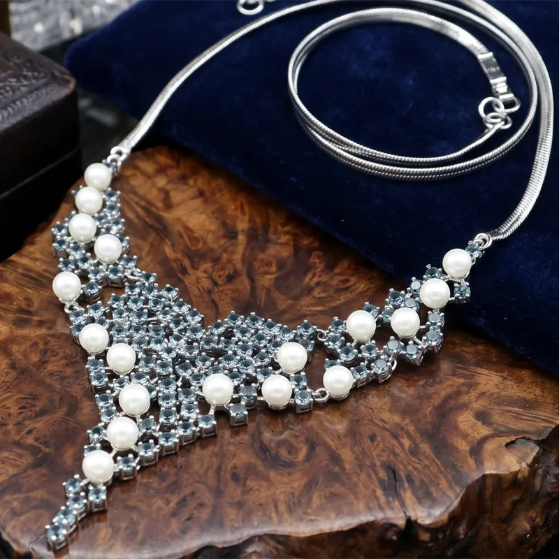 95x80mm Eye Catching Pink Kunzite London Blue Topaz White Pearl CZ Woman's Engagement Silver Necklace 19-20inch