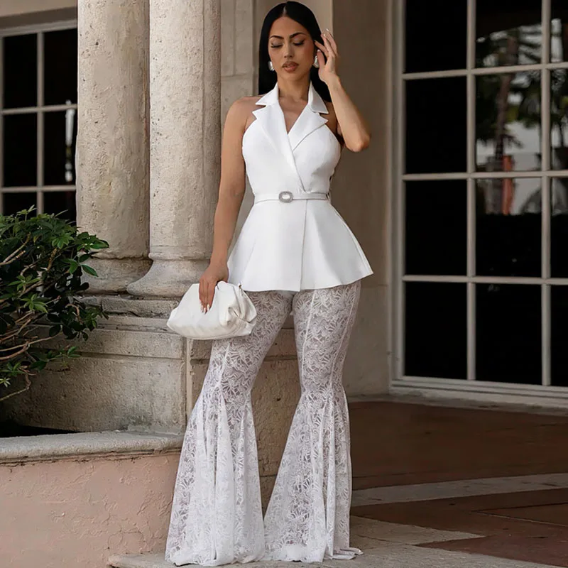 

Doyerl Elegant Night Out Outfits for Woman 2 Piece Set Birthday Club Party Notched Collar Top and Lace Flare Pants Matching Sets
