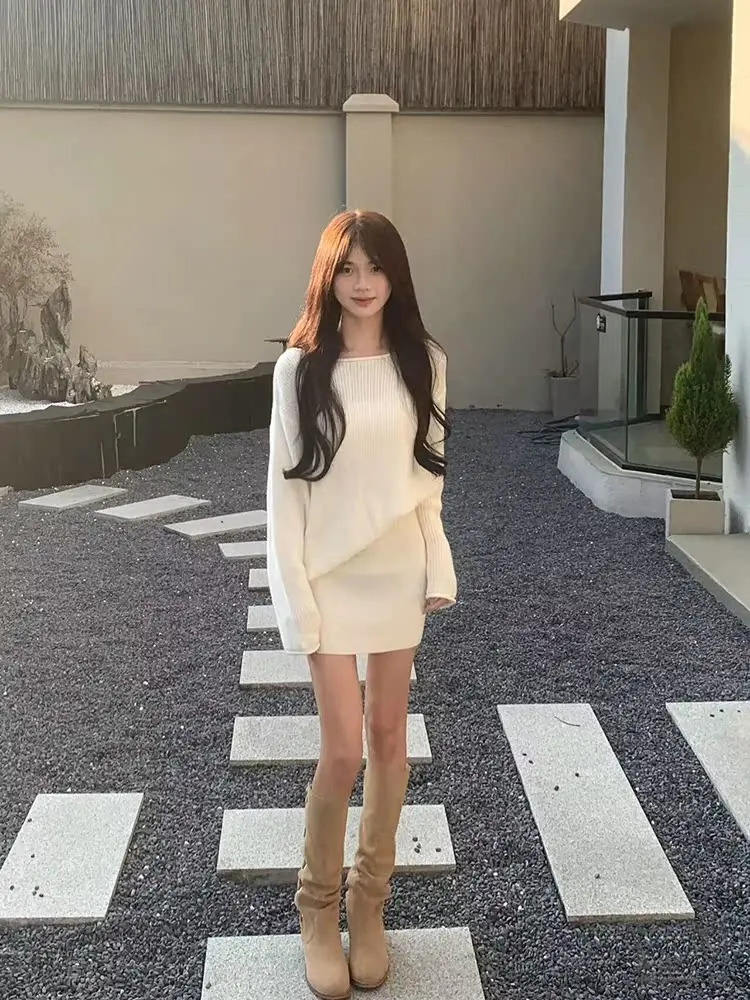 

White Knitted Sweater One Shoulder Women's Slim Fit Short Skirt Two Piece Set Fashionable Autumn Collection for Young Women
