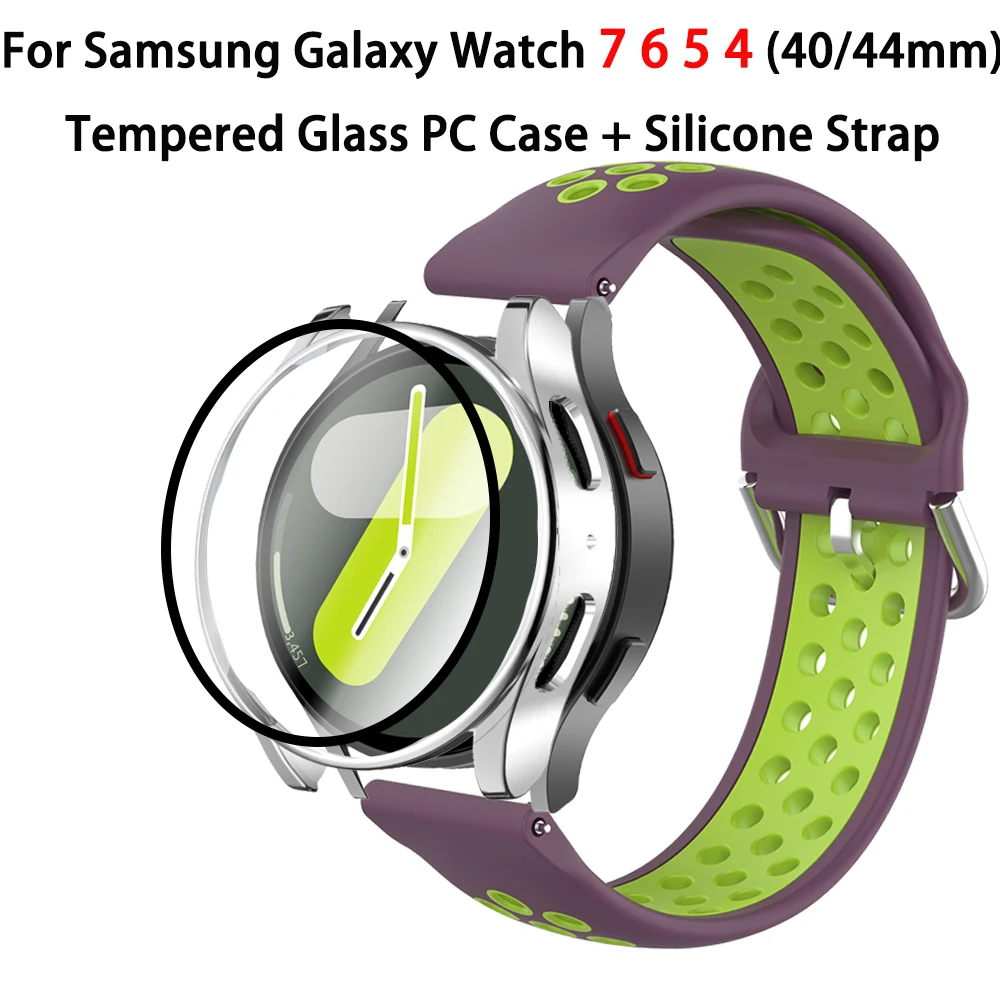 Чехол с силиконовым ремешком для Samsung Galaxy Watch 7 6 5 4, дышащий спортивный ремешок для Galaxy 7, 40 мм, 44 мм, чехол-бампер из закаленного стекла
