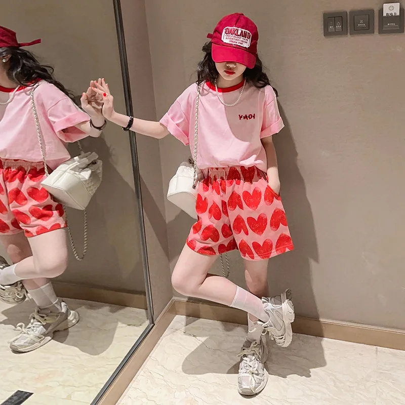 Summer Girls Cotton Pink Alphabet Printed T-Shirt Tops+Sweet Shorts Pant Sets School Kids 2PCS Tracksuit Children Outfits