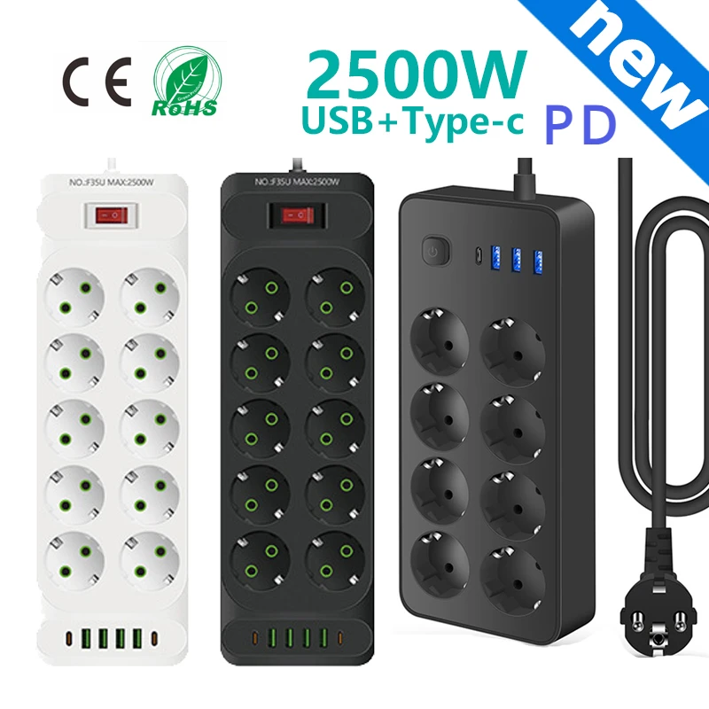 Enchufe europeo KR multitap, toma de corriente eléctrica Usb tipo c 2500w PD, Protector contra sobretensiones para el hogar y la Oficina, cable de extensión AC110 ~ 250v