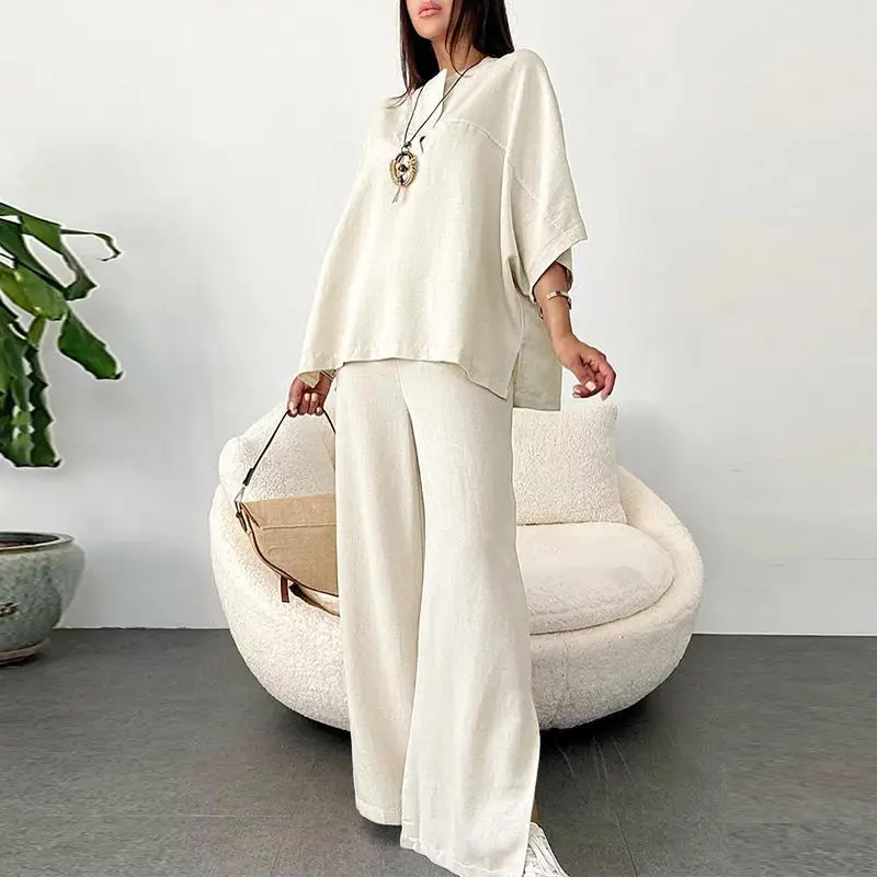 

Женские винтажные свободные комплекты из двух предметов из хлопка и льна, весна-лето, однотонные повседневные широкие брюки, модный офисный костюм с v-образным вырезом