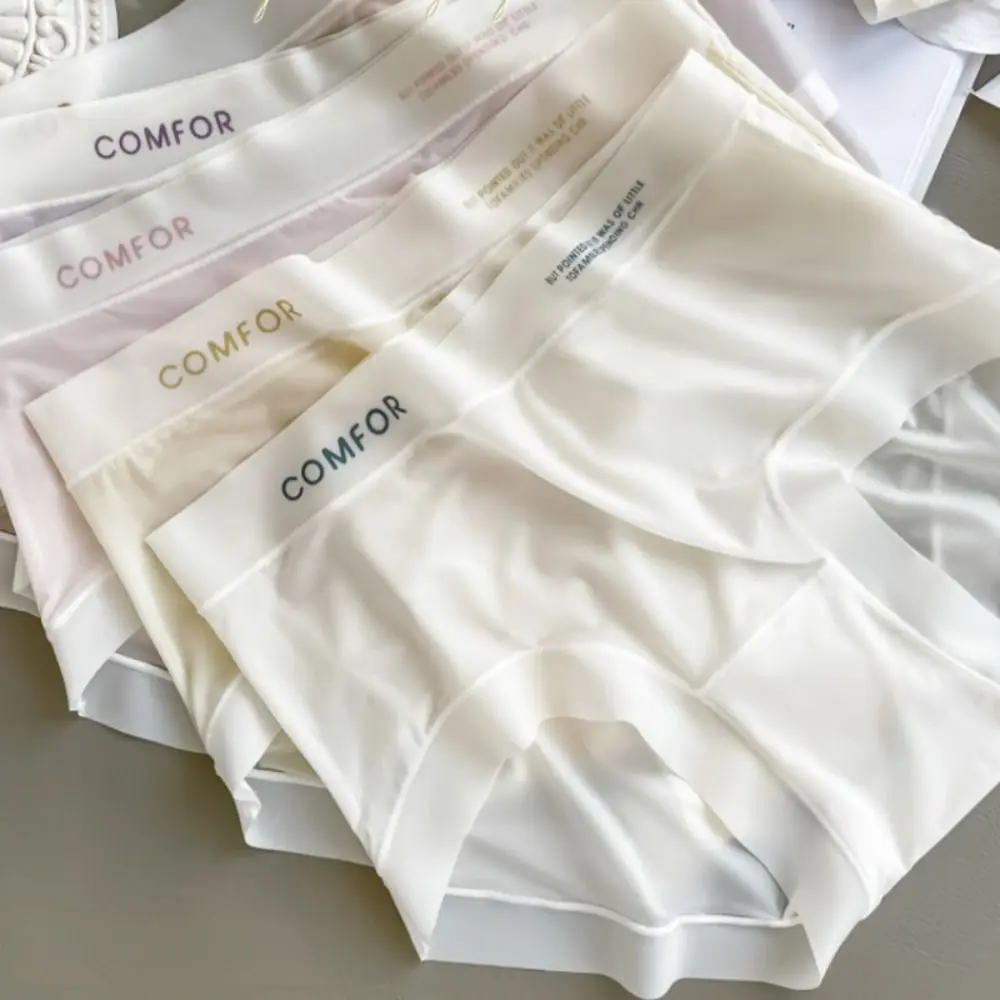 กางเกงในผ้าไหมน้ำแข็งพิมพ์ลายตัวอักษรสำหรับฤดูร้อน ผ้าฝ้ายบางบริเวณเป้า กางเกงในผ้าไหมน้ำแข็งไร้ตะเข็บ ชุดชั้นในผู้หญิงแบบมีระบาย