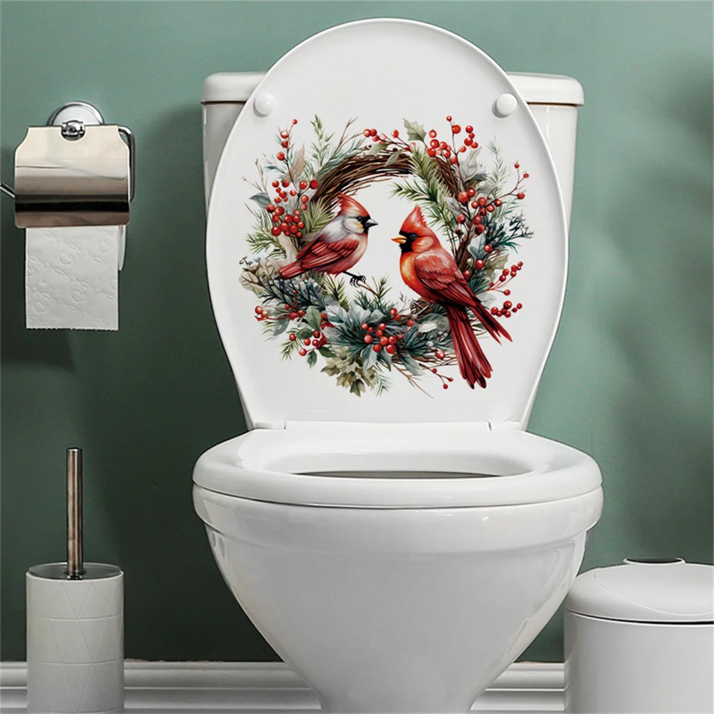 

Christmas Bird Wreath Toilet Seat Stickers Self-Adhesive DIY Removable PVC Toilet Lid Decals for Bathroom Switch Decor Dropship
