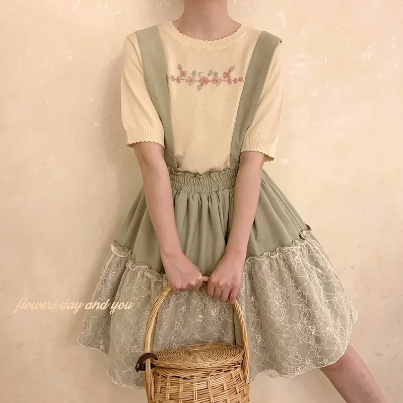 Prairie Chic Knitted Tops Women Handmade Floral Embroidery Loose Tee for Sweet Girl Kawaii Clothes