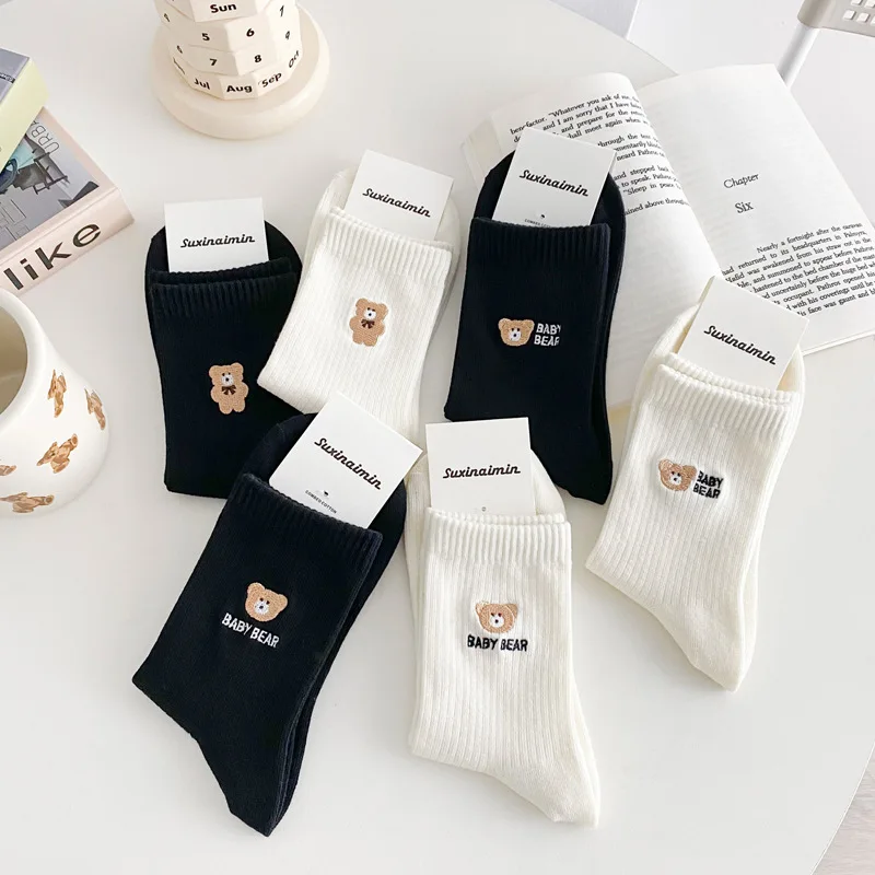 Cartoon Bear Cotton Socks Women Letters Short Sock Girl Female Japanese Korea Style Black White Anime Lolita Cute Calcetines Sox