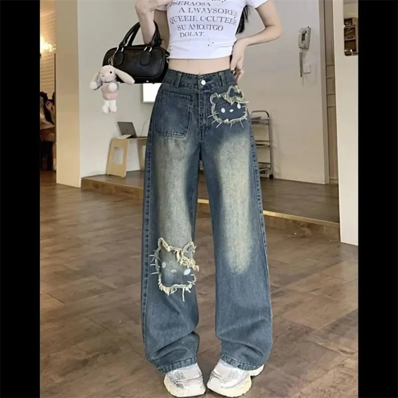 

2025 Female Loose Straight Cowboy Trousers American Women Embroidery Jeans Spring Summer Ladies Leisure High Waist Denim Pants