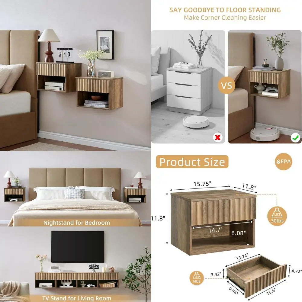 

Современная настенная тумбочка с рифленым ящиком и открытой полкой для хранения — небольшая прикроватная тумбочка для подставки под телевизор