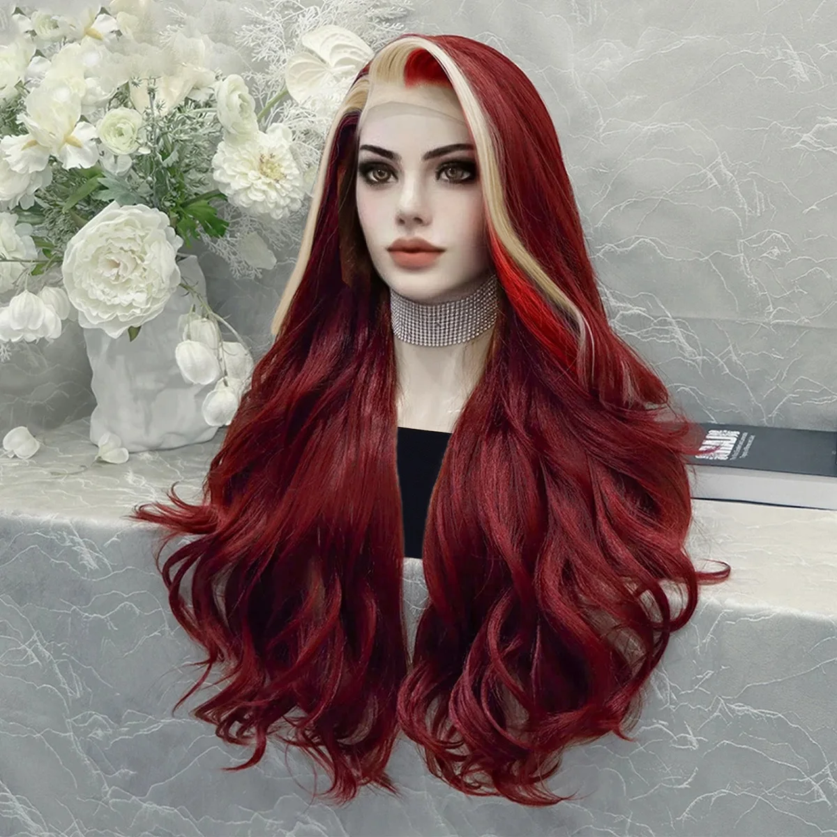 13*3 Stripe Lace Frontal Wig, 28inch Long Wavy Red with Blonde Streak Lace Front Wig,Stylish and Versatile Fake Hair