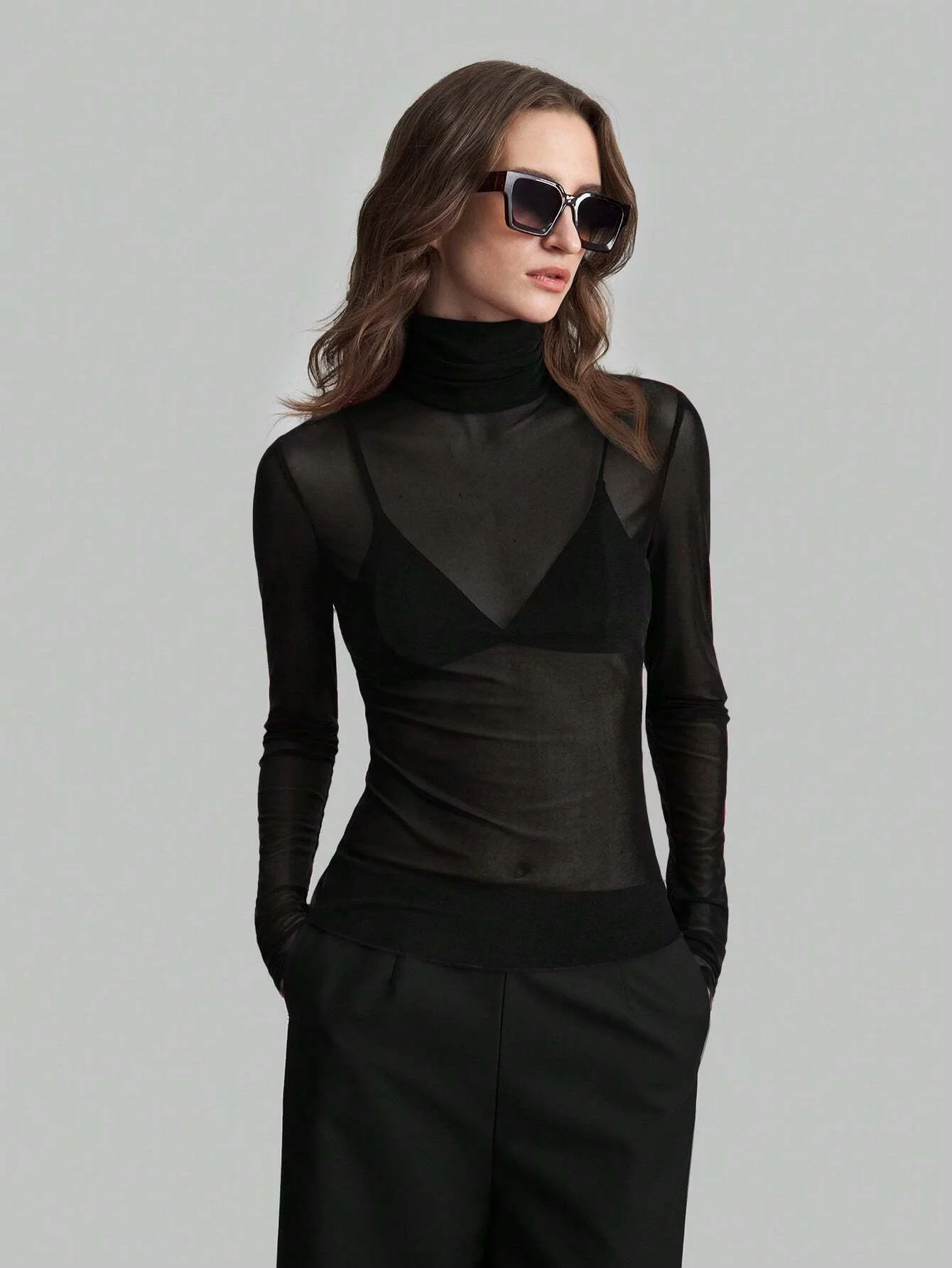 Neu, Frühling, europäisch, Kleidung, Mesh, T-Shirt, Damen, Mode, sexy, Rollkragen, aushöhlen, Oberteile, lange Ärmel, Bottoming-Shirt, T-Shirts, 57029