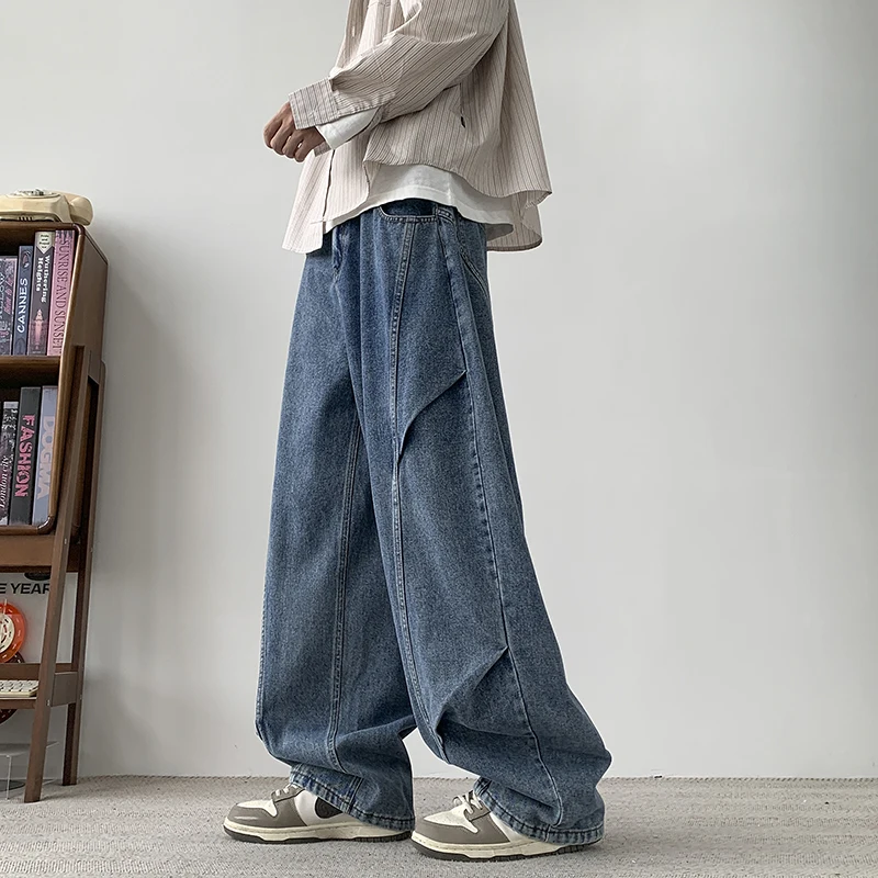 

2026 Spring Woven Denim New American Pleated Wide Leg Pants Men's Straight Leg Jeans
