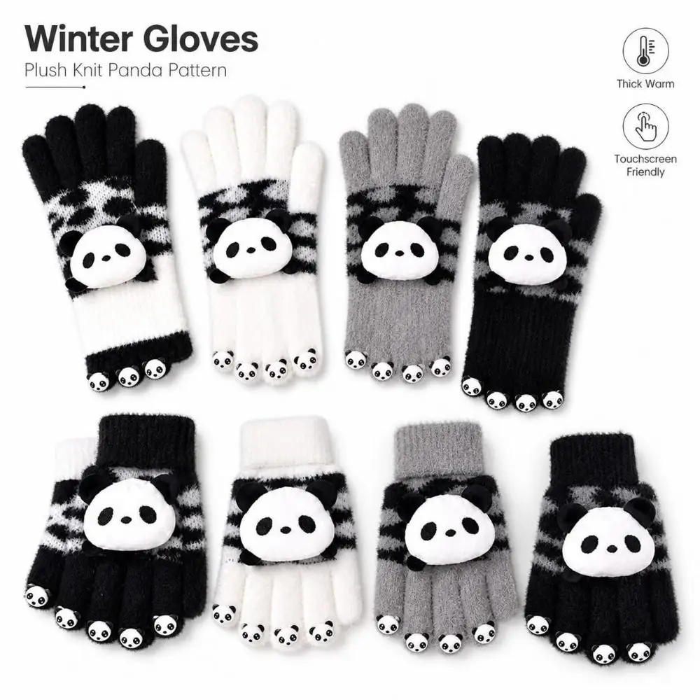 1pair Hand Gloves Winter Gloves Open Fingertips Thickened Warm Touchscreen Gloves Panda Pattern Knit Fabric