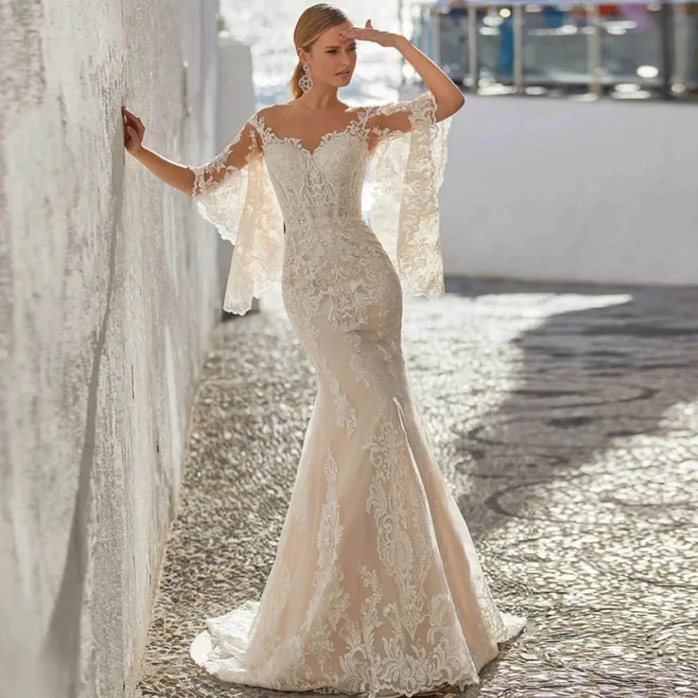 

2026 Sexy Mermaid Women Wedding Dresses Fashion Lace Flower Printing Bridal Gowns Engagement Banquet Vestido De Novia Customized