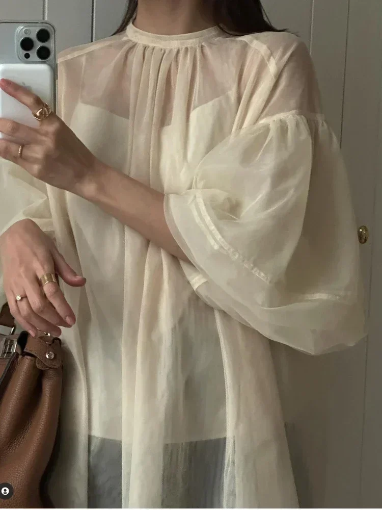 

Semi-transparent Gauze Lantern Sleeve Tops Simple O-neck Vintage Elegant Solid Mesh Blouse Women Japanese New Loose Shirts