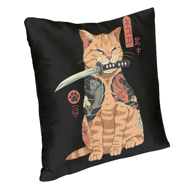 Japanese Catana Samurai Cat Throw Pillow Case 66*66cm Home Decoration Funny Feline Cat Cushion Cover Sofa Car Pillowcover