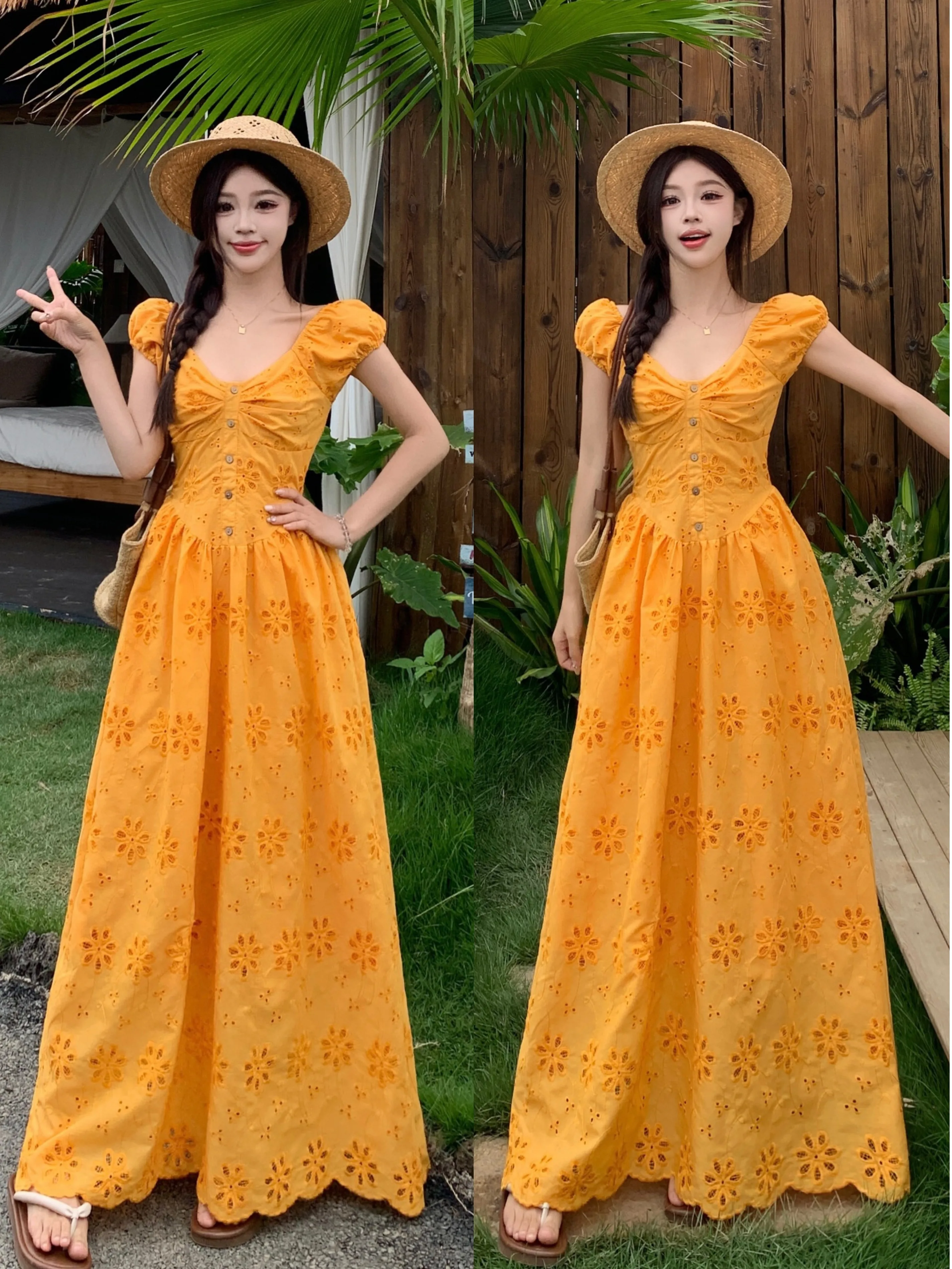 تنورة فرنسية مطرزة بفتحات منقوشة بالزهور باللون الأصفر على شكل حرف a للنساء فساتين طويلة ضيقة لقضاء عطلة الشاطئ هاراجوكو موري جيرل