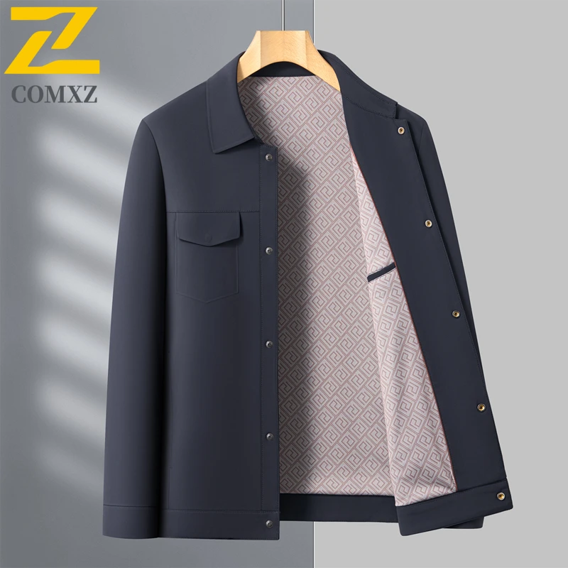 COMXZ Jaket Pria Kerah Turndown Premium Jaket Golf Perjalanan Kasual Bisnis Ringan Mantel Tahan Angin Slim Fit Pernikahan Musim Gugur