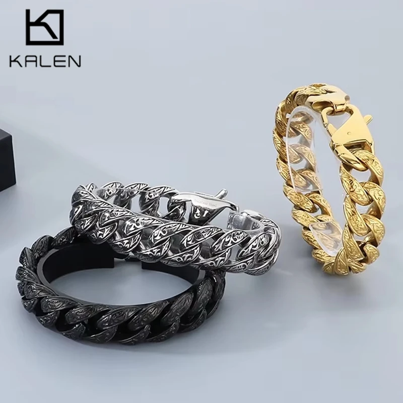 KALEN Punk Stainless Steel Link Chain Bracelet for Men Mysterious Symbol Charm Pulseira Masculina Heavy Chunky Armband Jewelry