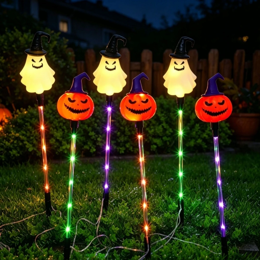 6PC/Set LED Solar Powered Purple Orange Green Path Lights Garden Yard Lawn Outdoor Waterproof Pumpkin Ghost Skull Decorations