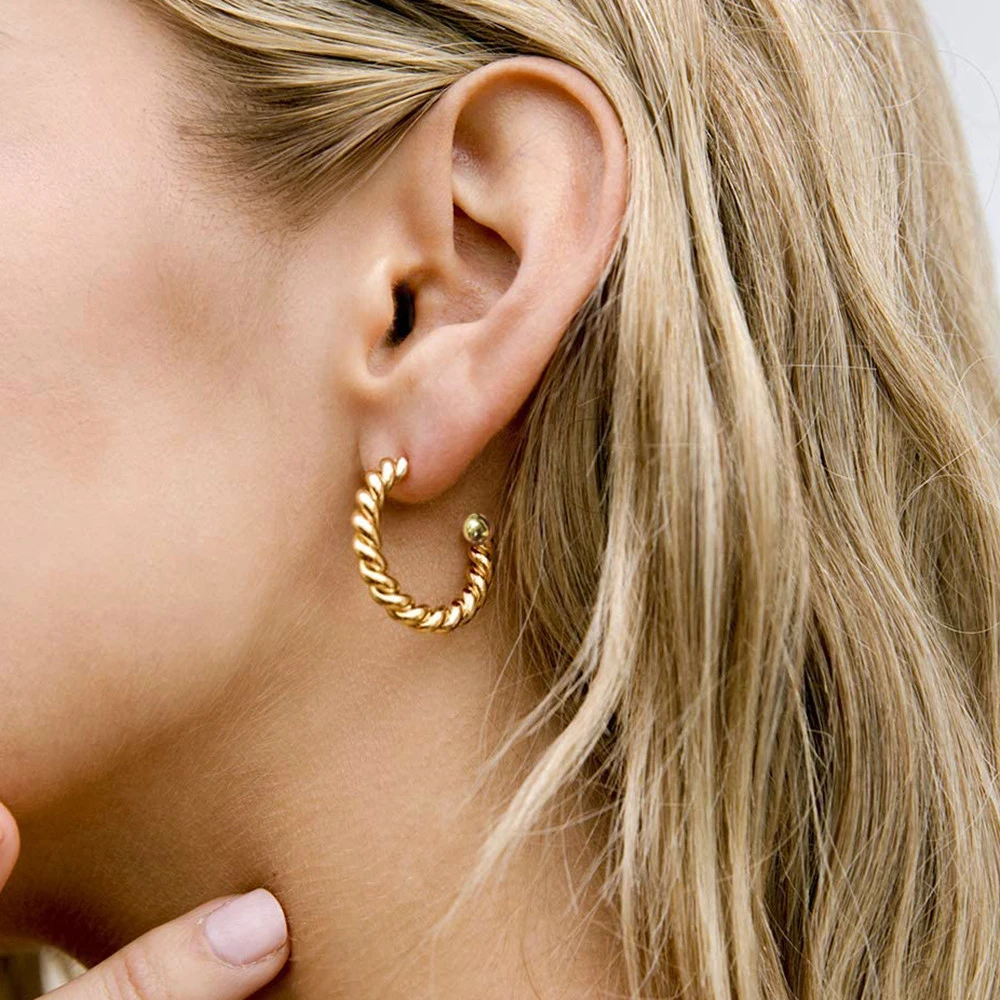 2022  Small Letter C Shape Twisted Creole Earrings Gold Color Stainless Steel Circle Hoop Earrings For Women Jewelry Trend New image 2