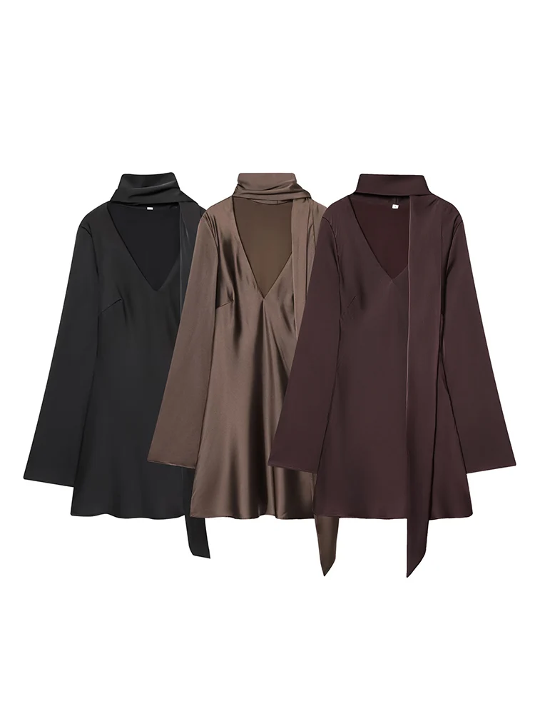 Novo vestido de festa feminino com gola cachecol sólido decote em v alargamento manga longa mini vestido verão cetim elegante chique vestido de moda feminina